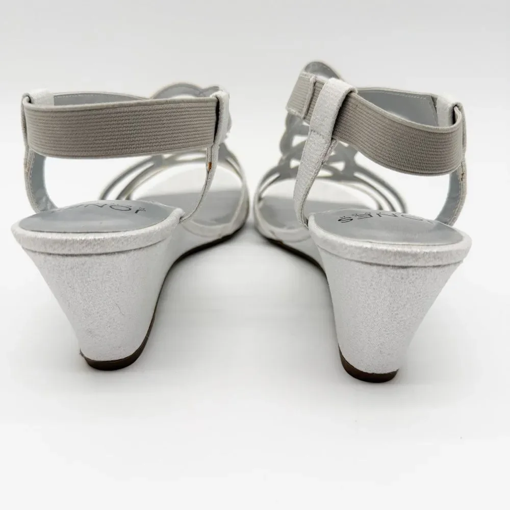 Jones New York Denice Strappy Bling Wedge Sandals Elastic Ankle Silver 7.5 NEW